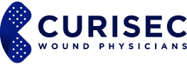 Logo of Curis Wound Physiology with dark blue text on a navy background.