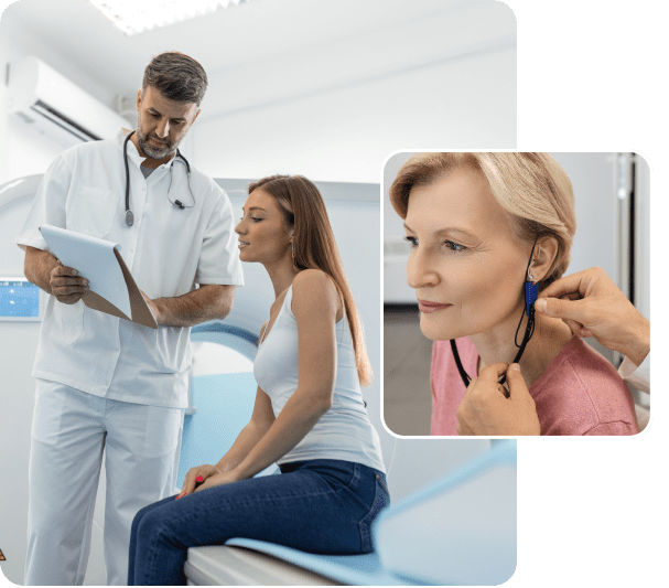 Doctor consulting patient, checking woman's ear.