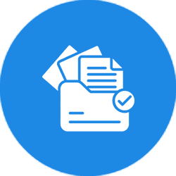 Icon of documents and a checklist on a blue background.