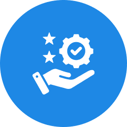 Hand holding a gear with a checkmark and stars, symbolizing quality assurance.