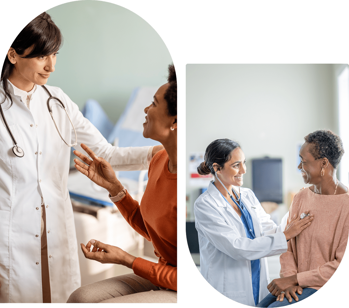 Doctors checking patients' blood pressure in two different clinical settings.
