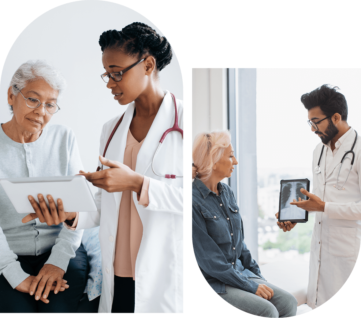 A doctor explains a medical scan to an elderly patient during a consultation.