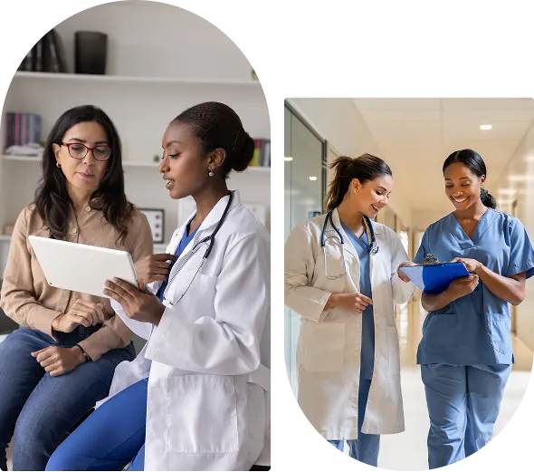 Doctors and nurses discussing patient information in a hospital.
