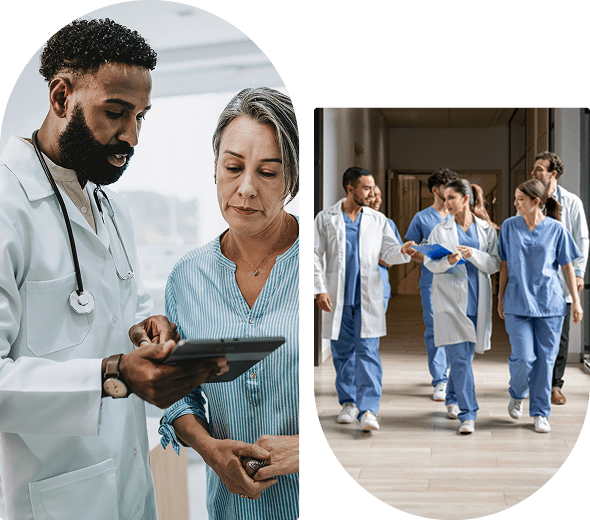 Doctors reviewing patient information on a tablet in a hospital.
