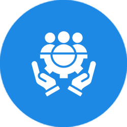 Icon of hands holding a group of people around a gear symbol.