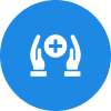 Hands protecting a medical cross symbol inside a blue circle.