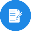 Icon of a document with a pen on a blue circular background.