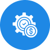 Blue icon with gear, clock, and dollar sign symbolizing efficient time and money management.