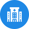 Blue hospital icon with a cross and building silhouettes.