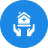 Blue icon with hands holding a hospital symbol.