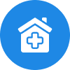 Icon of a healthcare facility in a blue circle.
