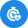 Blue stopwatch icon with a heart symbol.