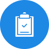 Blue circular icon with a clipboard and checkmark symbol.