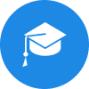 Blue circle with a white graduation cap icon.