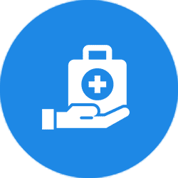 Hand holding a medical kit symbol on blue background.