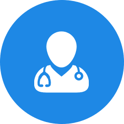 Icon of a doctor with stethoscope on blue background.