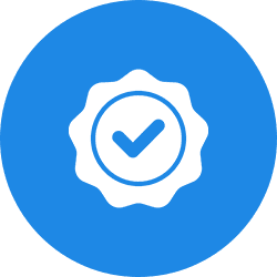 Blue badge with a white checkmark inside a ribbon shape.