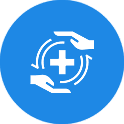 Two hands protecting a medical cross symbol inside a circular shield on a blue background.