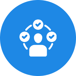 Icon showing a person surrounded by check marks indicating completion or approval.