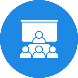 Icon of a person presenting to an audience on a blue background.