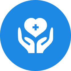 Hands holding a heart with a medical cross symbol.