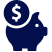 Blue piggy bank with a dollar coin above it.