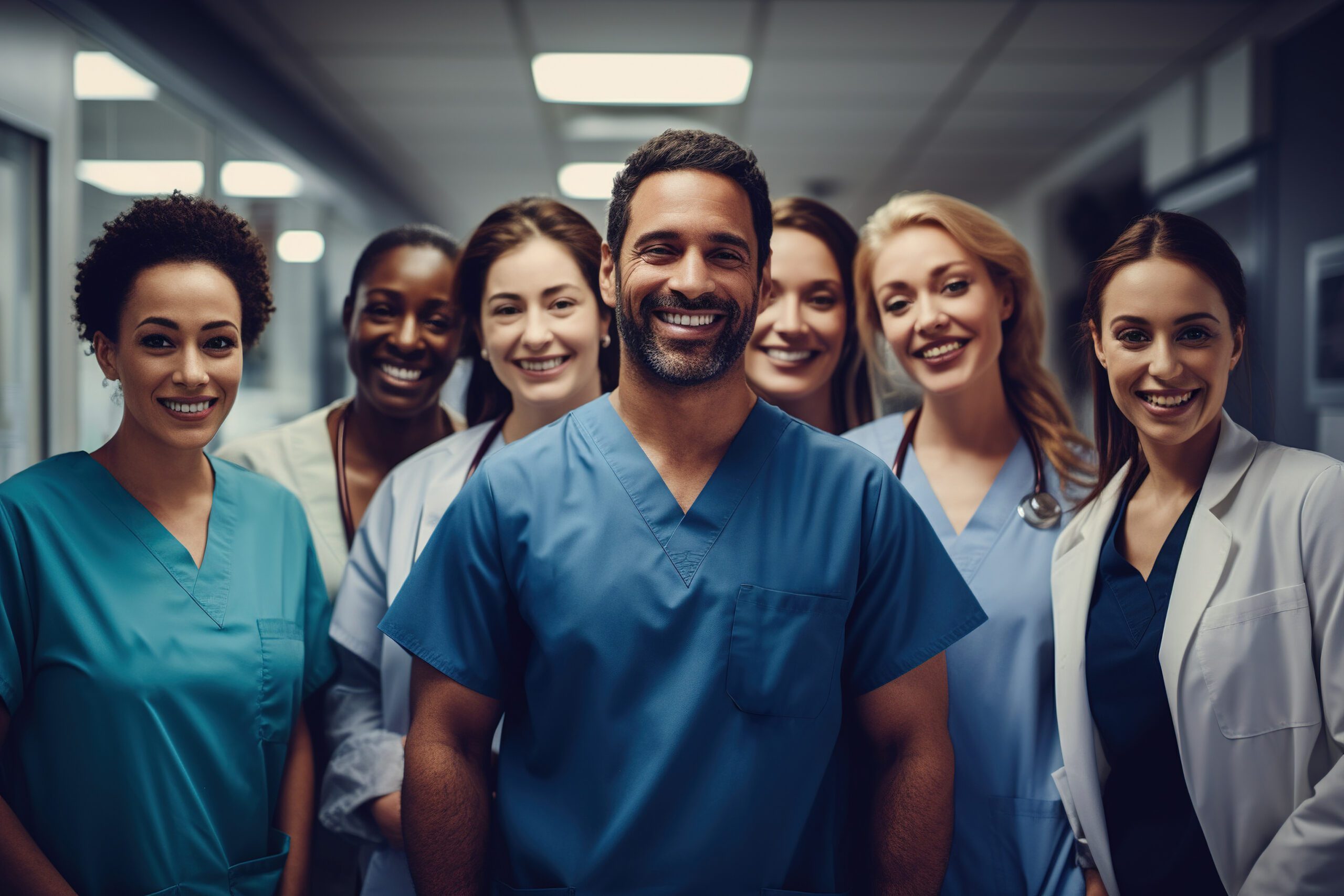 A diverse group of smiling healthcare professionals in scrubs.